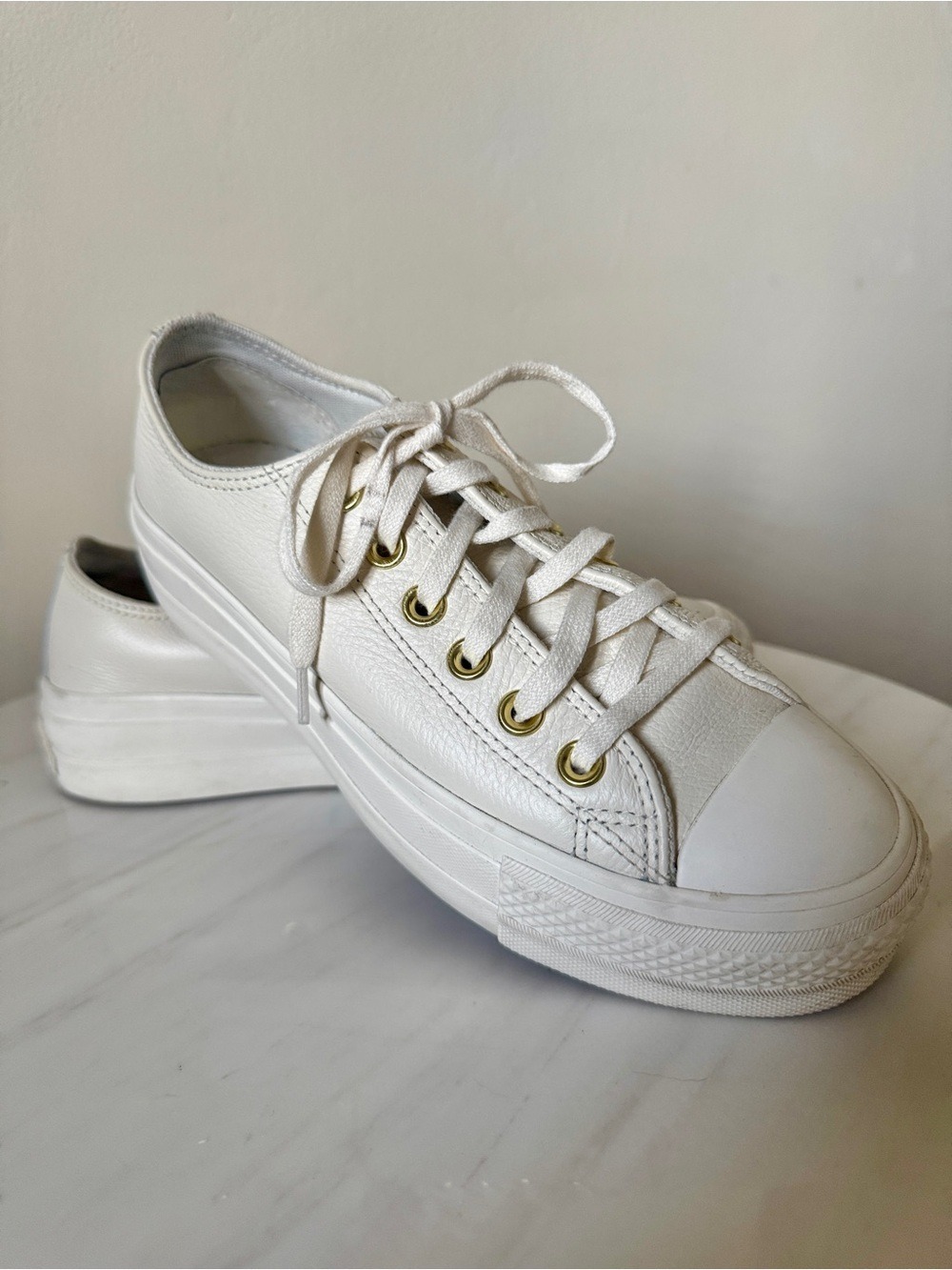 Converse White Platform Lace-Up Sneakers with Gold Eyelets, Size 6.5
